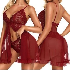 Wine Red Women Sexy Lingerie Lace Babydoll Chemise Sleepwear With Thong Set